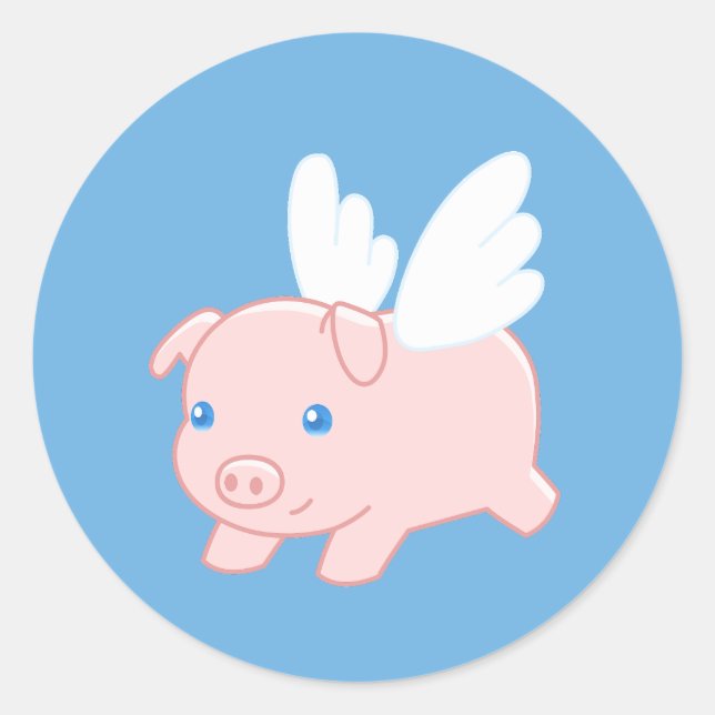 Sticker Rond Piglet de porc volant avec ailes en bleu (Devant)