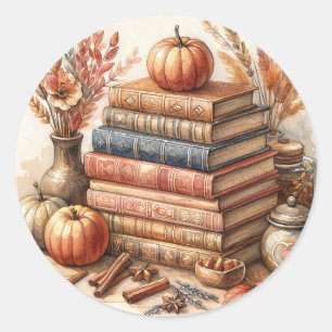 Sticker Rond Pile de livres et Citrouille Automne