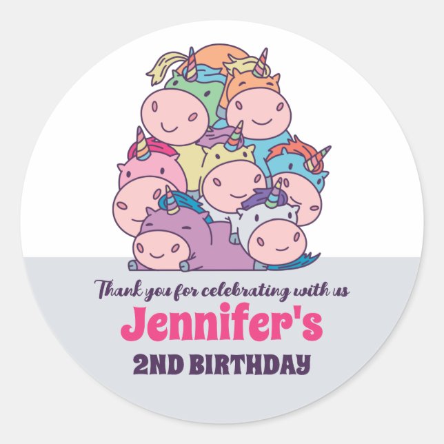 Sticker Rond Pile de Unicorns mignon Parti Anniversaire de enfa (Devant)