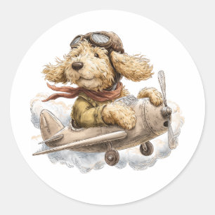 Sticker Rond Pilote d'avion Goldendoodle