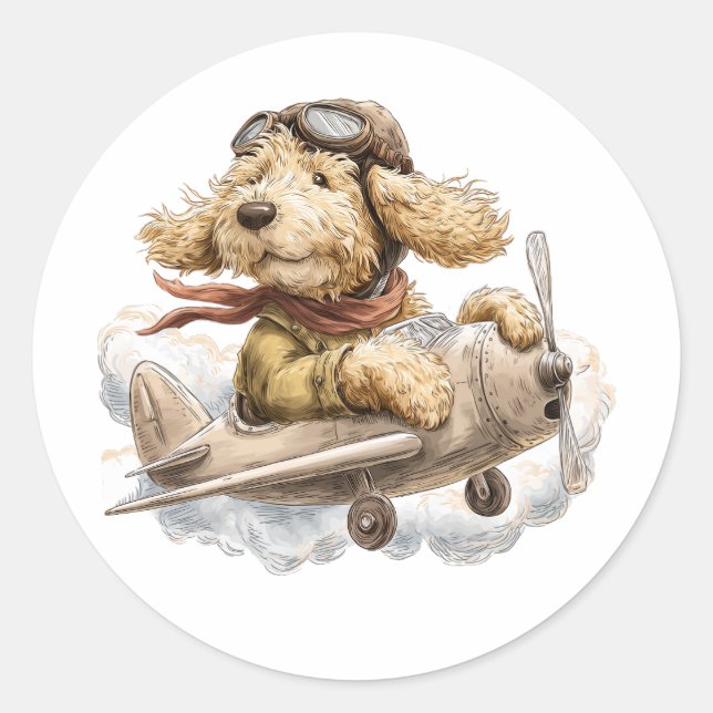 Sticker Rond Pilote d'avion Goldendoodle (Devant)