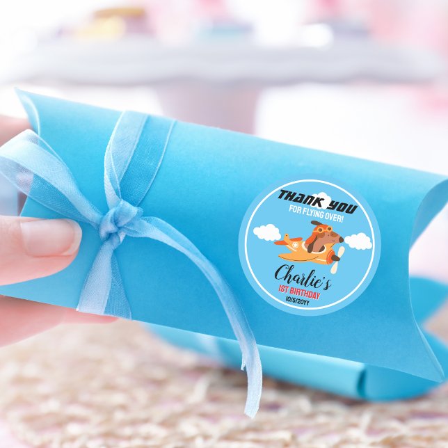 Sticker Rond Pilote de chien avion volant, Merci d'anniversaire (Créateur téléchargé)