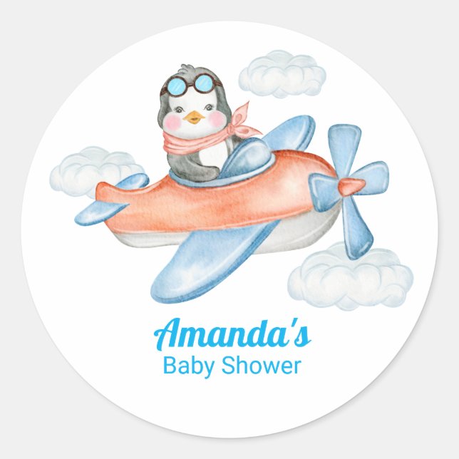 Sticker Rond Pilote de pingouin de Baby shower blanc bleu (Devant)