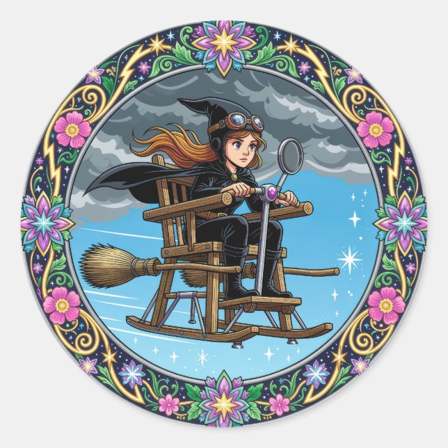 Sticker Rond Pilote de sorcière magnifique (Devant)