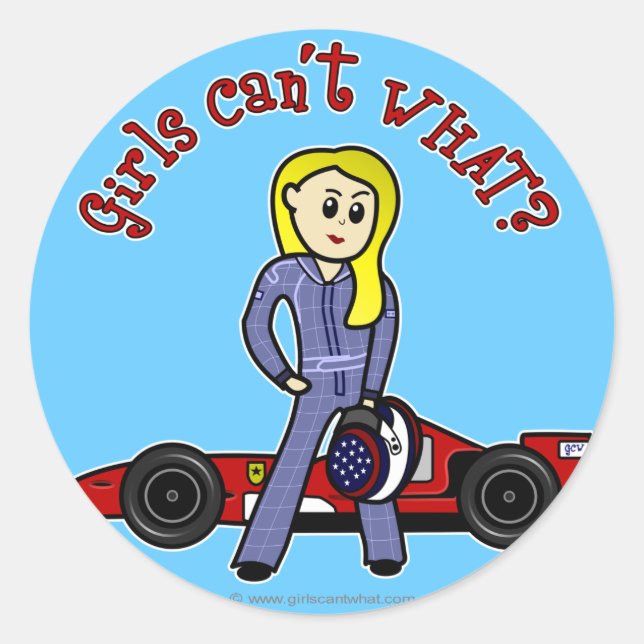 Sticker Rond Pilote de voiture de course Blonde fille (Devant)