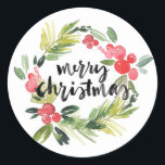 Sticker Rond Pin d'aquarelle et couronne blanche Joyeux Noël<br><div class="desc">Joyeux Noël! Remplissez vos enveloppes et cadeaux avec ces autocollants de vacances. Ils sont dotés d'une couronne d'aquarelle avec calligraphie de brosse. Cet autocollant de Noël sera également parfait comme un sceau d'enveloppe. Des éléments correspondants sont disponibles.</div>