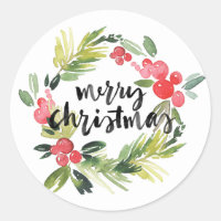 Pin d'aquarelle et couronne blanche Joyeux Noël
