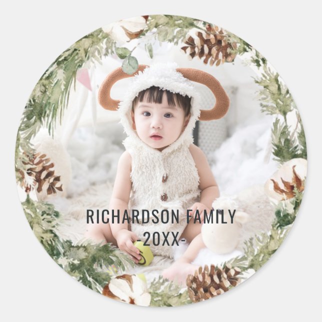 Sticker Rond Pin de coton rustique Photo Merriest Christmas Wre (Devant)