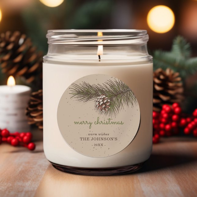 Sticker Rond Pin de grignon rustique Joyeux Noël (Rustic Sprig Pine Merry Christmas Classic Round Sticker)