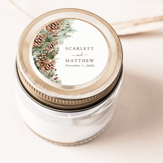 Sticker Rond Pin Élégant (Elegant White Pinecone Greenery Classic Round Sticker by Painted Paperie
)