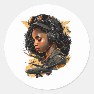Sticker Rond Pin Up Girl Black Woman Bomber Pilot Aviation