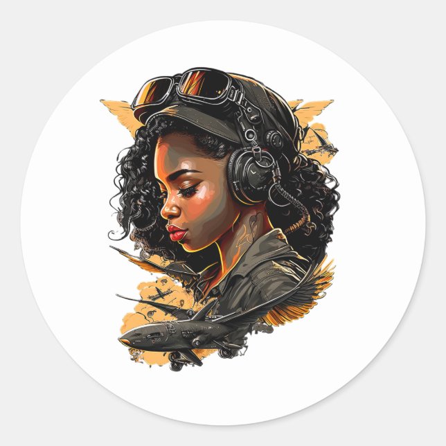 Sticker Rond Pin Up Girl Black Woman Bomber Pilot Aviation (Devant)