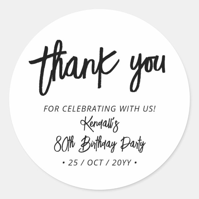 Sticker Rond Pinceau Chic Noir Script Fête d'anniversaire Merci (Devant)