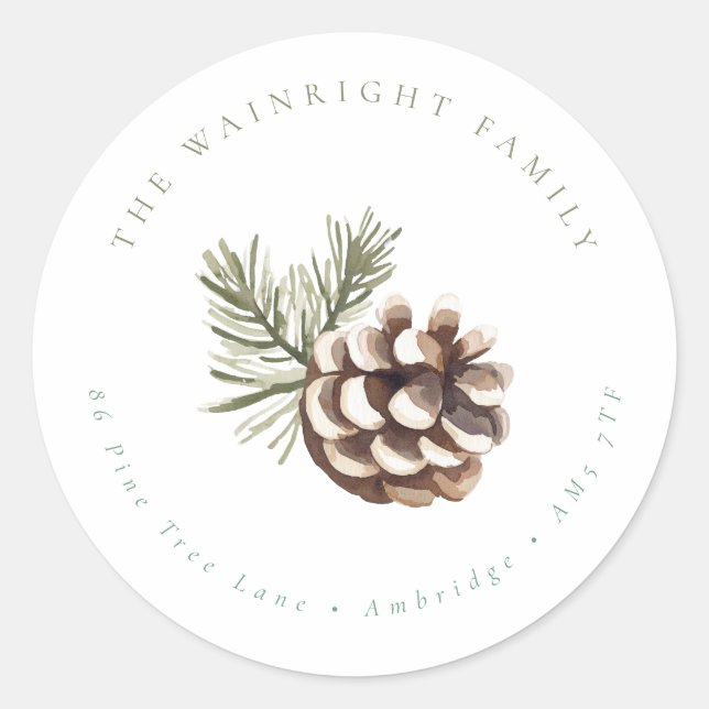 Sticker Rond Pine Cone & Feuille Family Return Adresse (Devant)