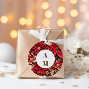 Sticker Rond Pine Rustique Poinsettia Floral Mariage de Noël