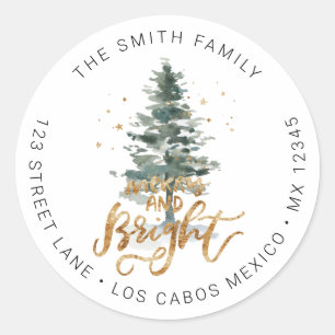 Sticker Rond Pine Tree Christmas Joyeux & Bright Adresse de ret