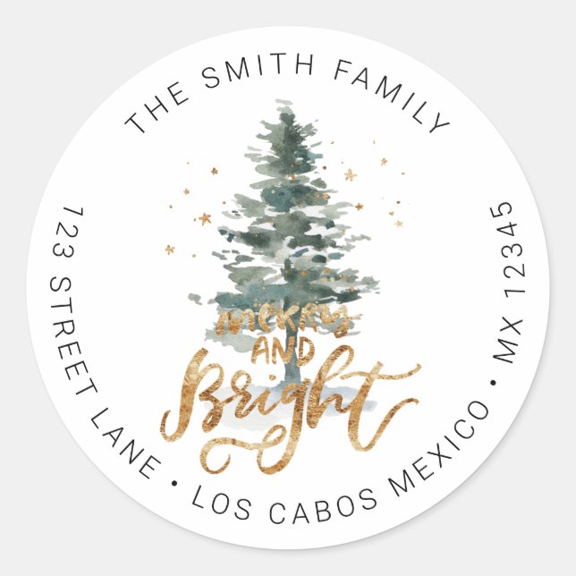 Sticker Rond Pine Tree Christmas Joyeux & Bright Adresse de ret (Devant)