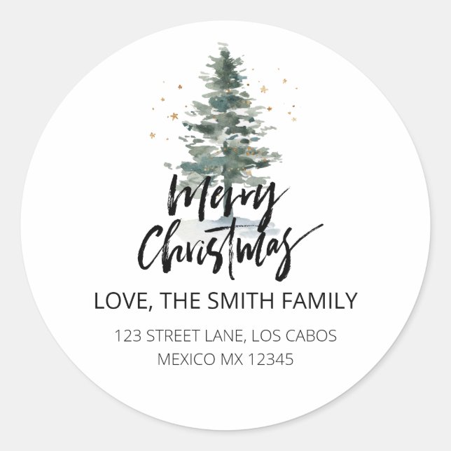 Sticker Rond Pine Tree Joyeux Noël Holiday Adresse de retour (Devant)