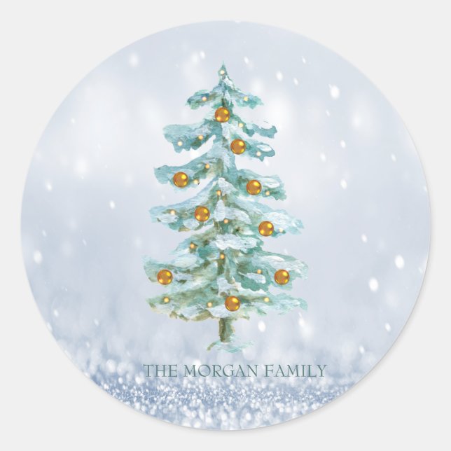 Sticker Rond Pine Tree Merry Blue Bokeh (Devant)