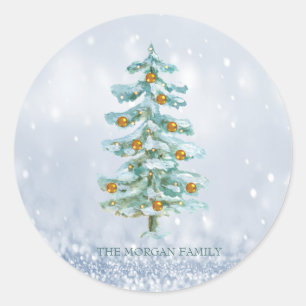 Sticker Rond Pine Tree Merry Blue Bokeh