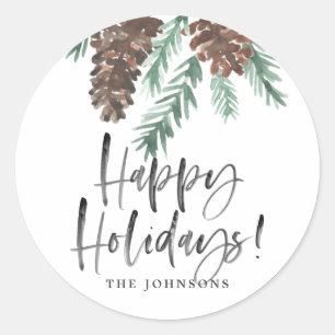 Sticker Rond Pinecone Aquarelle Joyeux Vacances Nom de famille