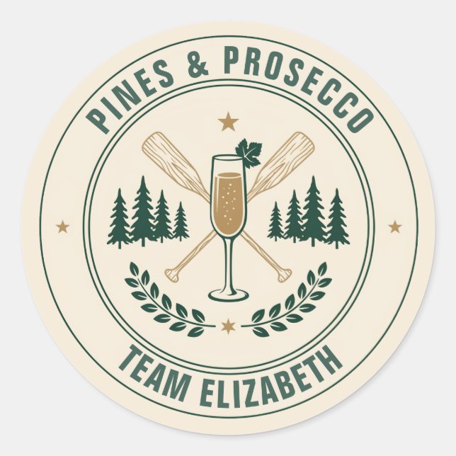 Sticker Rond Pines & Prosecco Équipe de la Mariée Camp Enterrem (Devant)