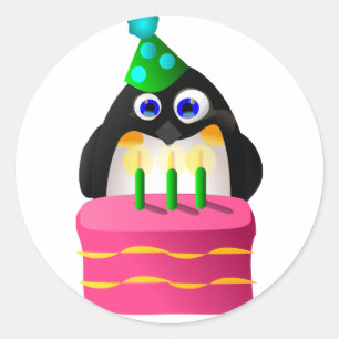 Sticker Rond Pingouin Anniversaire Avec Gâteau