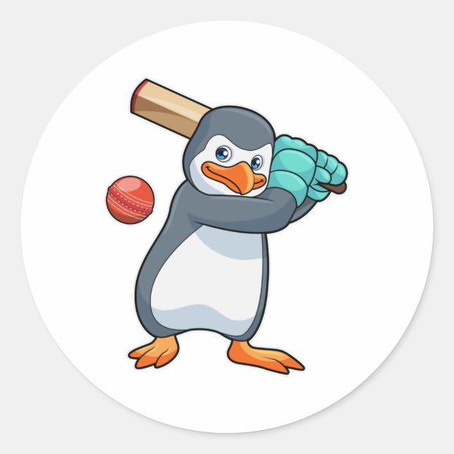 Sticker Rond Pingouin au cricket avec chauve-souris de cricket (Devant)