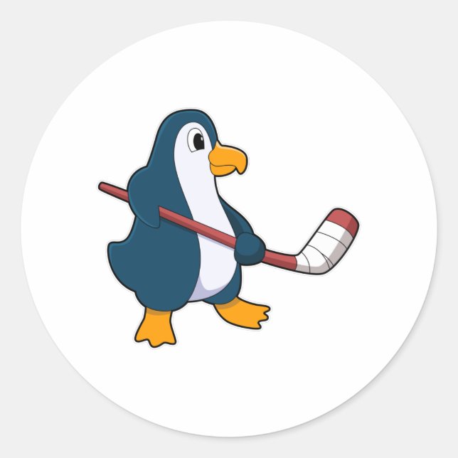 Sticker Rond Pingouin au hockey sur glace avec bâton de hockey  (Devant)