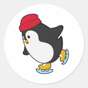 Sticker Rond Pingouin au patinage sur glace avec Casquette