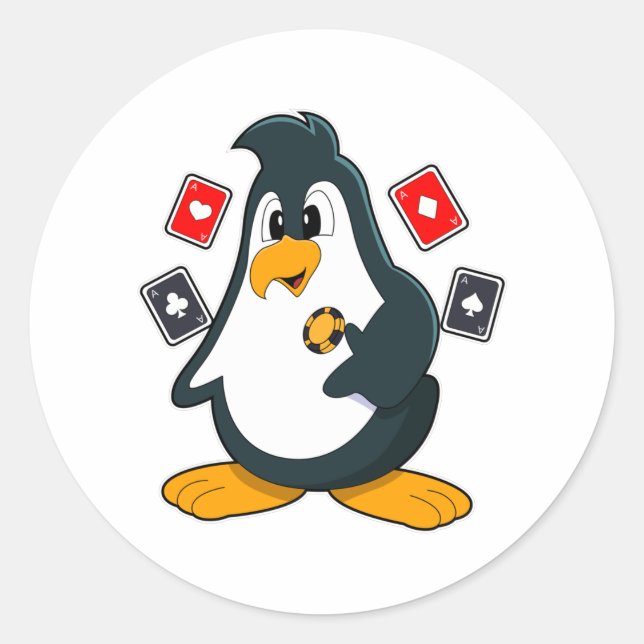 Sticker Rond Pingouin au Poker avec cartes de Poker (Devant)