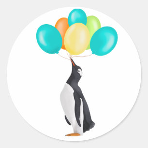 Sticker Rond Pingouin Avec Ballons Colorés