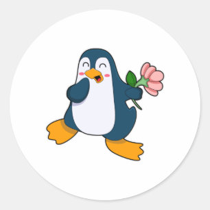 Sticker Rond Pingouin avec fleur de rosa