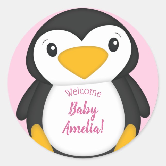 Sticker Rond Pingouin Baby shower fille rose (Devant)