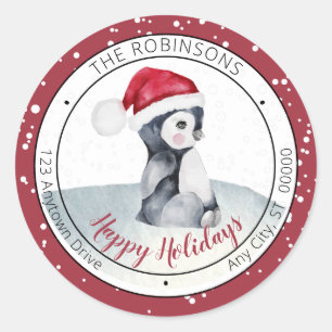 Sticker Rond Pingouin bébé Santa Hat Joyeux Fêtes Famille