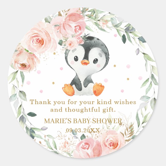 Sticker Rond Pingouin Blush Floral Baby shower fête d'anniversa (Devant)