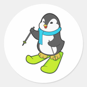 Sticker Rond Pingouin comme skieur avec ski