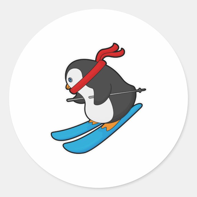 Sticker Rond Pingouin comme skieur avec ski (Devant)