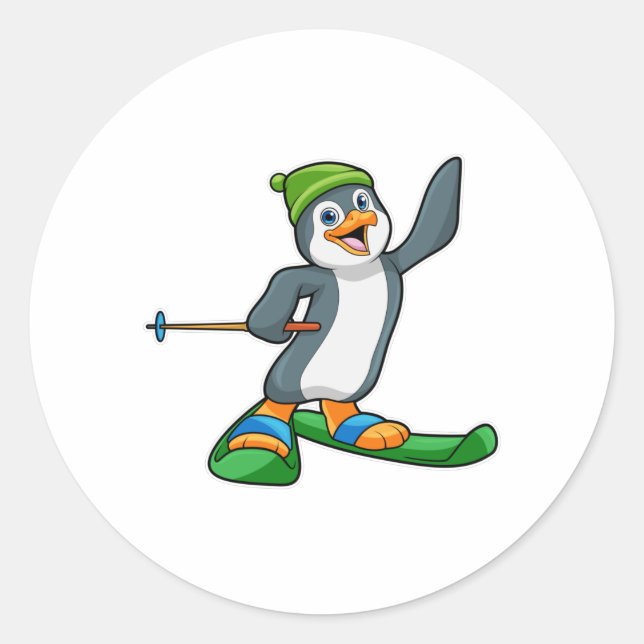 Sticker Rond Pingouin comme skieur avec ski et Casquette (Devant)