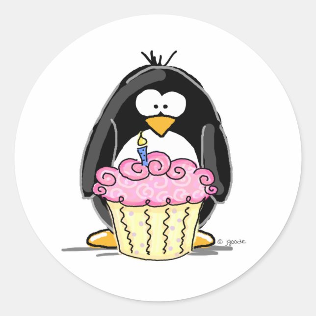 Sticker Rond Pingouin d'anniversaire avec Cupcake (Devant)
