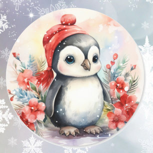 Sticker Rond Pingouin de bébé à Noël mignon