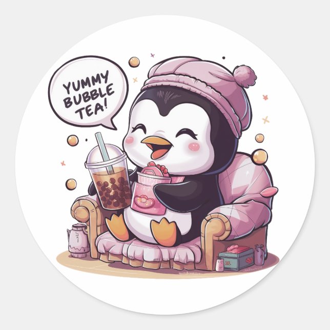 Sticker Rond Pingouin de dessin adorable : Cosy, Kawaii Vibes (Devant)