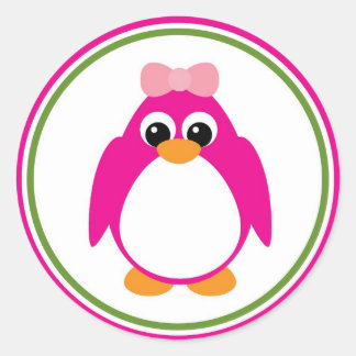 Sticker Rond Pingouin de fille en rose et vert