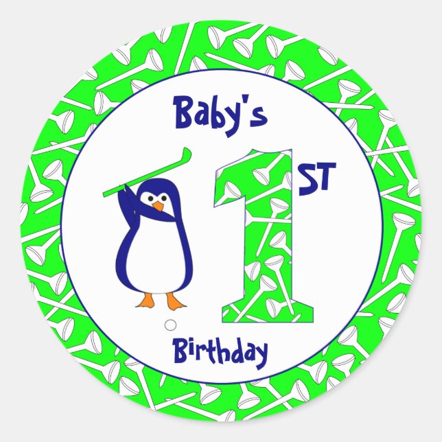 Sticker Rond Pingouin de golf premier anniversaire (Devant)