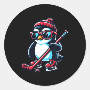 Sticker Rond Pingouin De Hockey Sur Glace Drôle Et Mignonne Pou