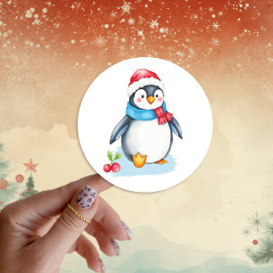 Sticker Rond Pingouin de Noël à l'aquarelle