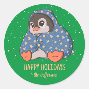 Sticker Rond Pingouin de Noël animal neige vacances d'hiver