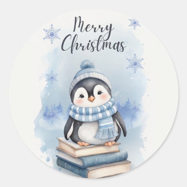 Sticker Rond Pingouin de Noël aquarelle (Devant)