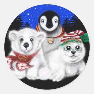 Sticker Rond Pingouin de Noël bébé phoque de l'ours polaire