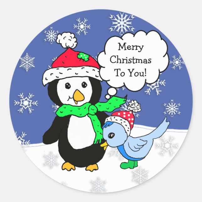 Sticker Rond Pingouin de Noël et Oiseau bleu neigeux (Devant)